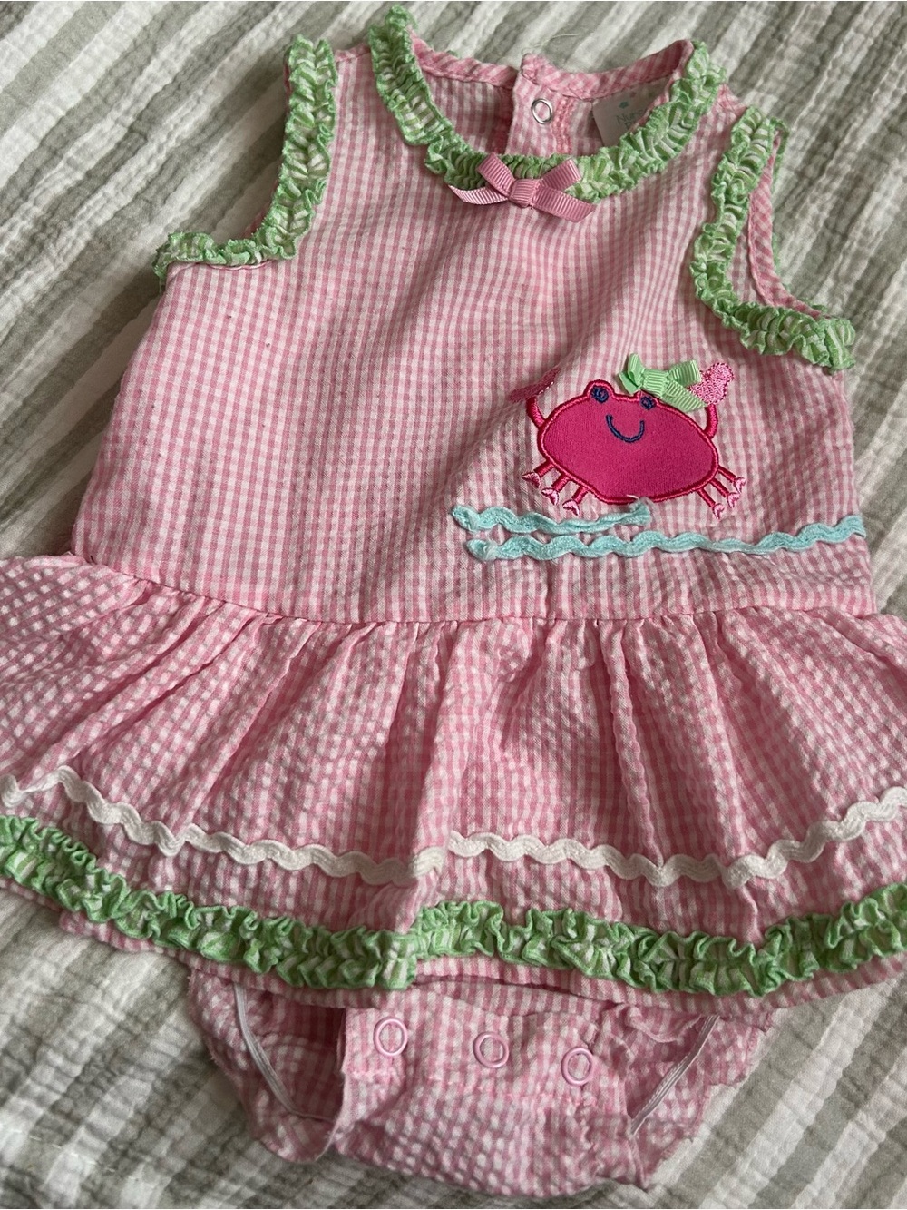 Pink Seersucker Baby Dress Romper with Crab Applique